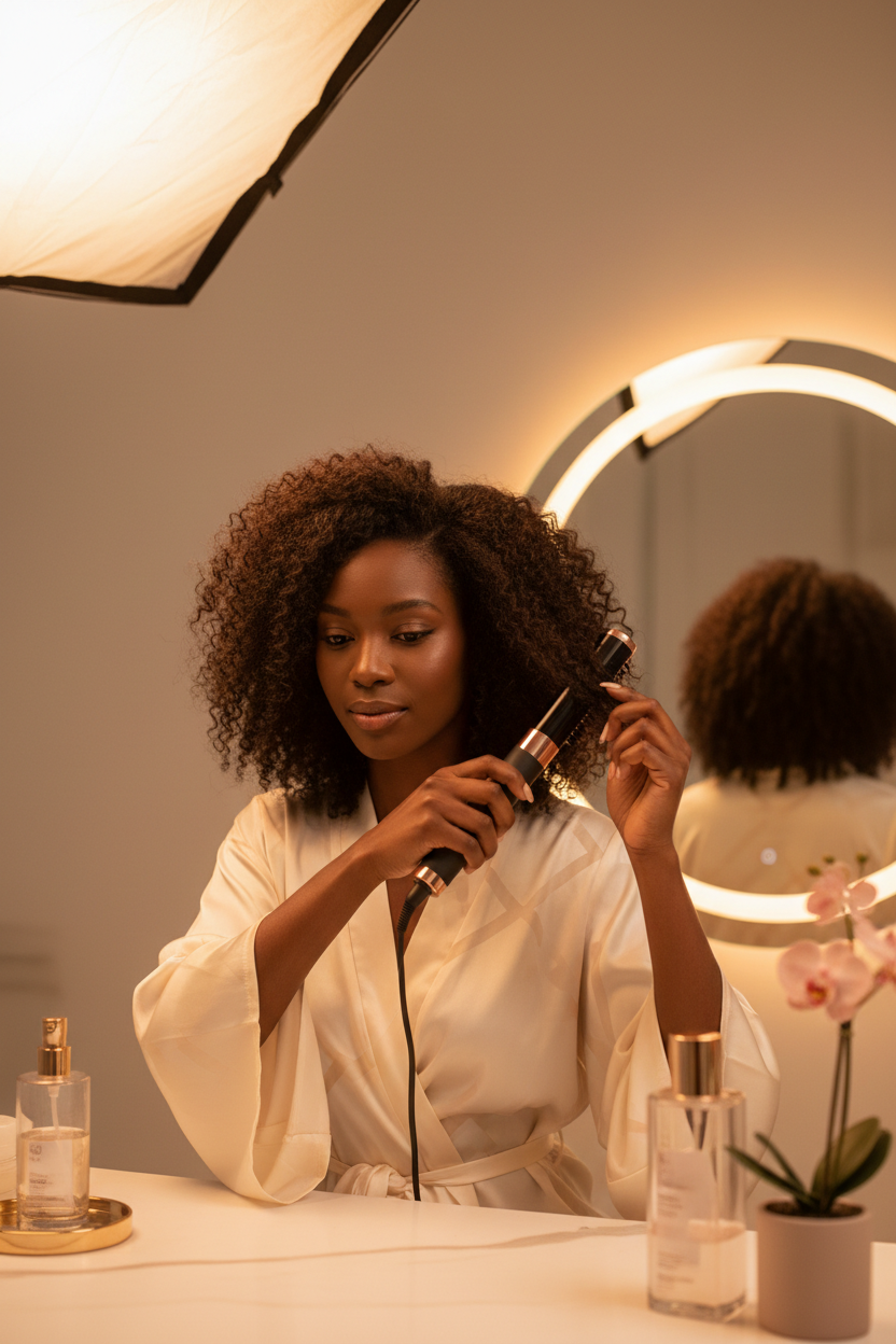 Femme avec brosse lissante